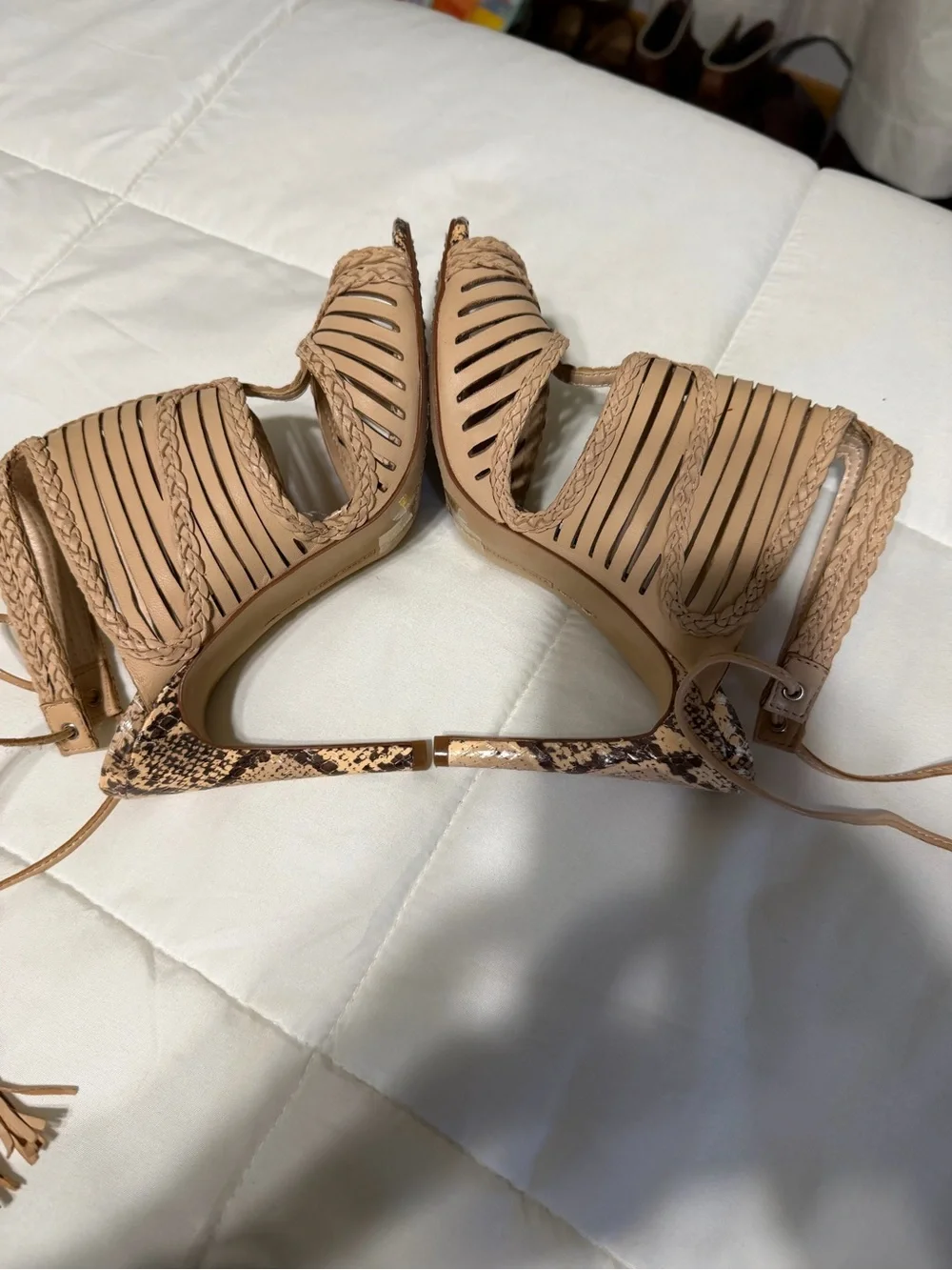 Vince Camuto Tan Braided Strappy High Heel Sandals with Snakeskin Toe